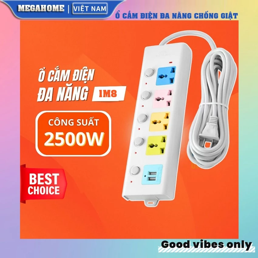 Ổ Cắm Điện USB Đa Năng Cao Cấp Chống Giật Dây Dài 1M8, 2 Cổng Cắm USB Có Chốt An Toàn Tiện Dụng