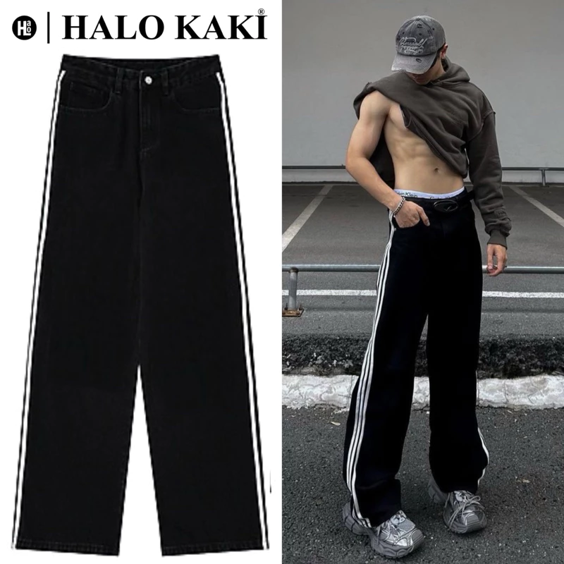JEANS 3 SỌC TRẮNG - Quần jeans ống rộng phủ gót 3 sọc form wide leg chùm chân chạm đất Cotton Thông thường Voi Ong