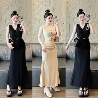 Set bộ đồ nữ áo croptop ngắn tay cổ chữ V mix chân váy dáng dài xòe đuôi cá với 2 tone màu sang chảnh, siêu xinh