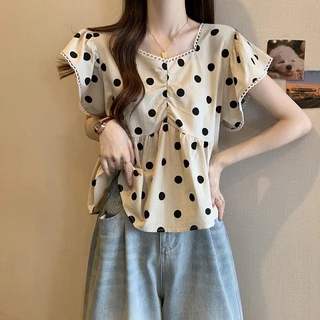 Áo sơ mi chấm bi dáng peplum cổ viền ren xinh xắn ASW2700