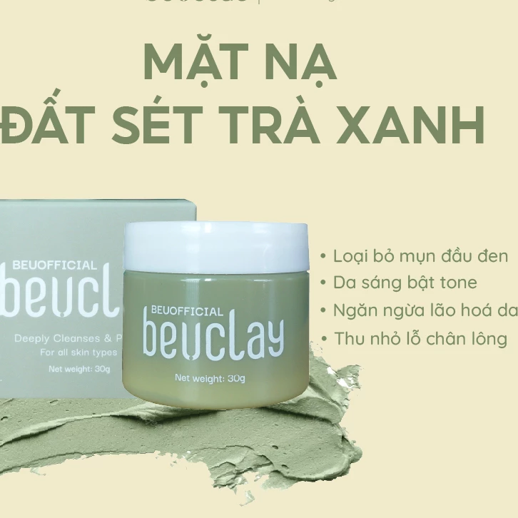 [Mặt nạ hũ 30 gam] BEUCLAY trà xanh sáng da, se khít lỗ chân lông, kiểm soát dầu, ngăn ngừa mụn cám mụn đầu đen