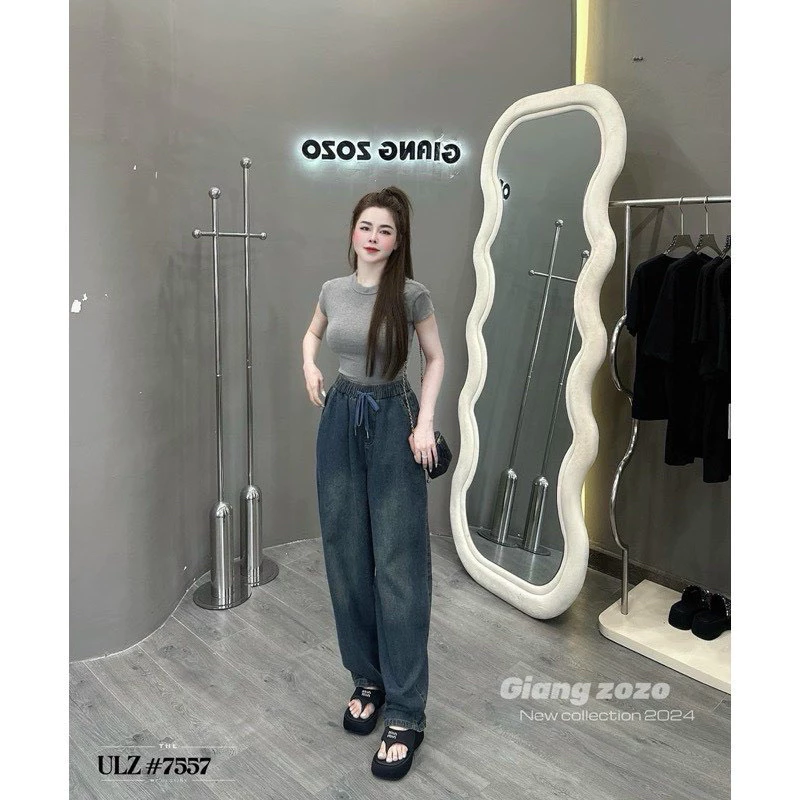 Quần bò dáng baggy nữ basic cạp chun bigsize, Quần jean nữ baggy trơn mài phong cách dễ phối đồ