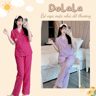 Bộ ngủ nữ mặc nhà Pyjama gấu kẻ xốp cộc tay quần dài áo cổ vét chất mềm mịn freesize DOLALA K3