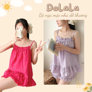 Bộ Đồ Ngủ Nữ Pijama 2 Dây Đũi Bèo Kẻ Caro Nhiều Màu Phong Cách Hàn Quốc Chất Mịn Mát DOLALA K7