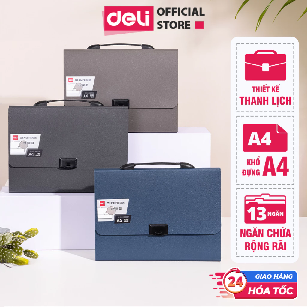 Bìa Đựng Tài Liệu Mở Rộng DELI Kích Thước A4 13 Ngăn Chứa Rộng Rãi, Có Tay Cầm Tiện Lợi Dụng Cụ Lưu Trữ Giấy Tờ Làm Việc