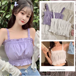 🦋 Áo Dây Thun Nữ Viền Bèo 2 Màu Áo Croptop Nữ 2 Dây Đũi Nhúm Ngực 🦋 Áo Dây Thun Nữ Viền Bèo 2 Màu