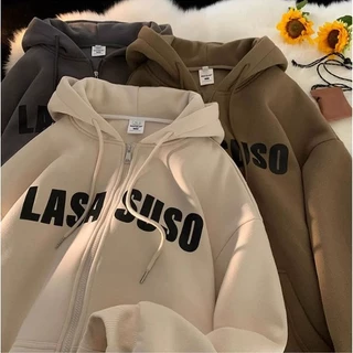 Áo Hoodie nữ zip unisex, khoác bomber nỉ bông Ulzzang in chữ LASA SUSO