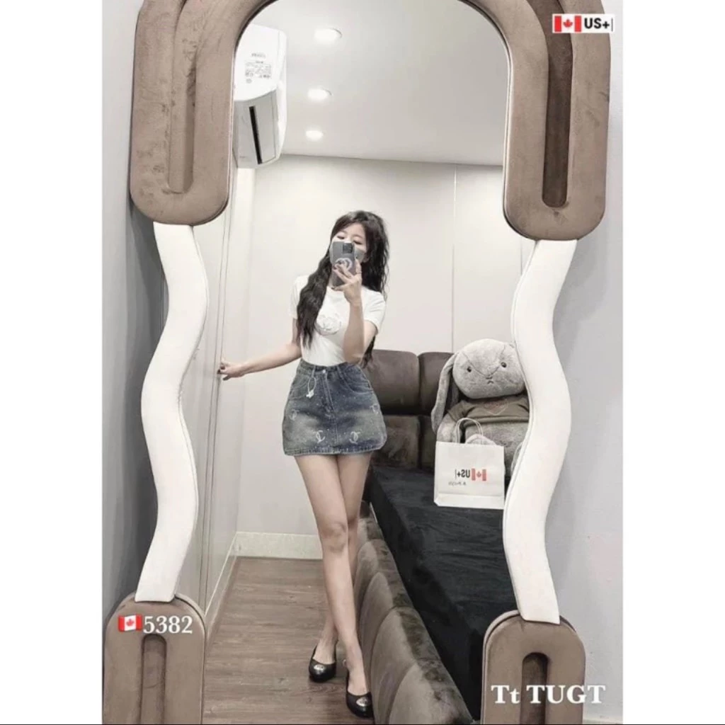 Chân váy jeans ngắn đính đá chữ A tôn dáng siêu xinh thời trang dành cho nữ, Chân váy cạp cao có lót quần