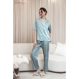 Bộ lụa satin Bambi by Yen quần dài tay cộc cổ pyjama hoạ tiết M1181 - BB560