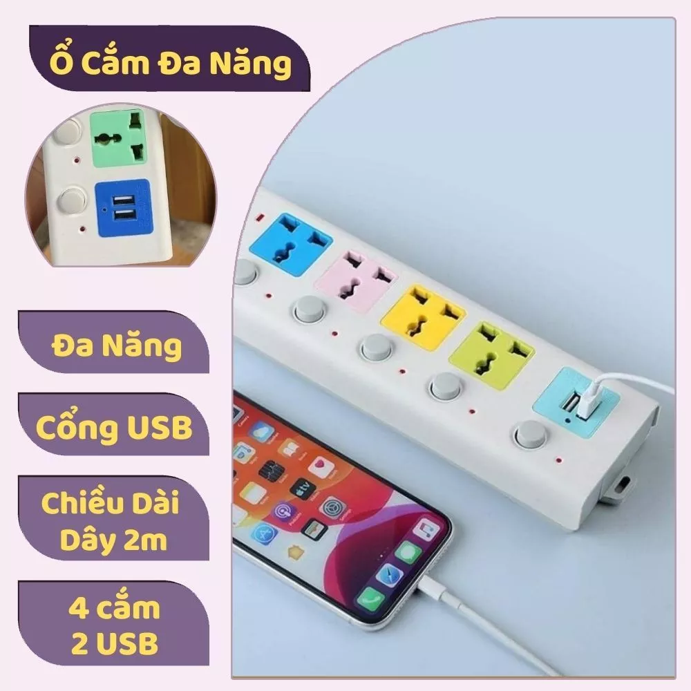 Ổ Cắm Điện USB Cao Cấp Chống Giật 2 Cổng Cắm USB Công Suất 2500W Có Chốt An Toàn Dây 2m