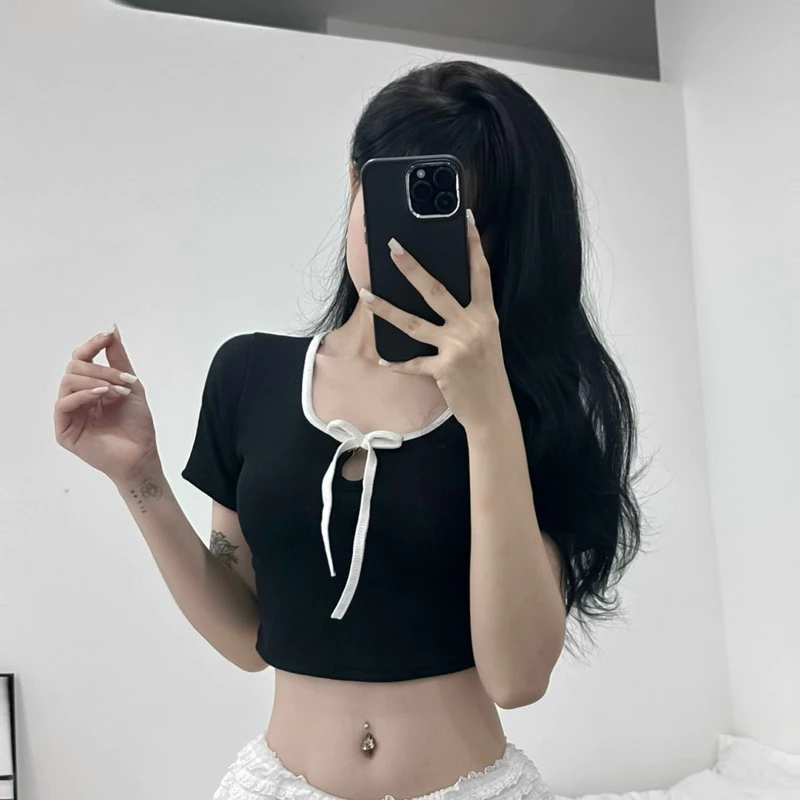 [Hot] ÁO CROPTOP CỔ TRÒN VIỀN ĐÍNH NƠ - ÁO DÁNG NGẮN ĐƠN GIẢN DỄ THƯƠNG CHẤT GÂN TĂM LẠNH CHIZISHOP