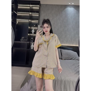 Bộ Ngủ Nữ Vải Đũi Caro Mát Mẻ, Đồ Bộ Mặc Nhà Pijama Xinh Quần Ngắn Có Túi Free Size 40-62Kg - Mã B02