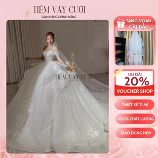 Váy Cưới Cô Dâu 💖Tặng Voan Cài Đầu💖 Đầm Cưới Bệt Vai Ngang, Cúp Ngực, Dáng Xoè, TVC-Pro-11A