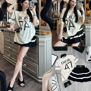 Set Bộ Đồ Nữ Áo Phông Be Ngắn Tay Hình Chữ Doiir 47 Mix Chân Váy Xếp Ly Phối Viền Freesize Đồ Thể Thao Ngắn Tay Fo