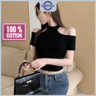 Áo croptop kiểu trễ hở vai cổ vuông rộng ôm sexy ozenka, áo crt nữ gợi cảm cộc tay thun cotton màu đen trắng mặc đi chơi