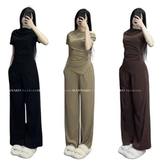 Set Bộ Nhún Eo Cổ Thuyền Kèm Quần Suông Dài Hannako - fashion Set Bộ Cổ Thuyền 133