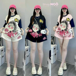 Set bộ đồ nữ,Set áo form rộng in 3d MOE siêu cute quần đùi 3 màu chất thun phù hợp mặc nhà đi chơi tre trung mùa hè