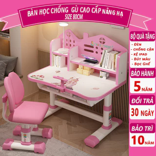 Bộ bàn học cho bé C06, bàn học chống gù size 80cm tặng kèm đèn led, giá đỡ ngực