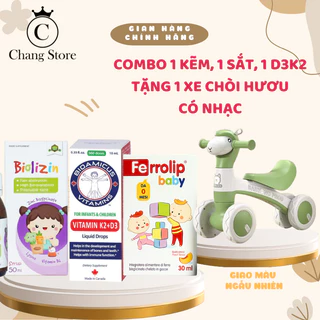 [TẶNG XE CHÒI HƯƠU ] Combo 3 lọ vitamin D3k2 Bioamicus, Kẽm hữu cơ Biolizin và sắt hữu cơ Ferrolip baby cho bé