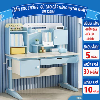 Bàn học chống gù S05 1m2 gỗ tự nhiên bàn học cho bé có giá sách, bàn học sinh nâng hạ độ cao