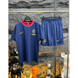 Bộ quần áo cộc thể thao nam PSG dệt cổ màu viền vàng thêu logo Paris đội bóng Qatar