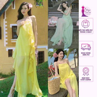 [New Maxi] Đầm Váy Maxi đi biển cổ yếm thắt rít kết hoa laze viền bèo xẻ tà hở lưng bồng bềnh nữ tính-MaxiTinTin