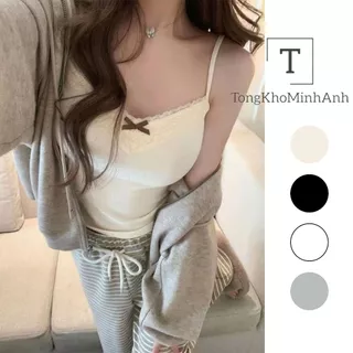 Áo Len 2 Dây Croptop CÓ MÚT ĐỆM, Áo Len Cotton Viền Ren Đính Nơ Trước Ngực Ôm Body Quyến Rũ Phong Cách Qccc Tongkhominha