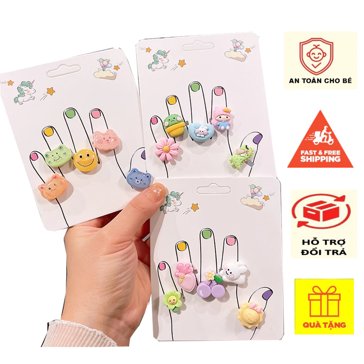 Set 5 nhẫn nhựa cho bé , nhẫn đồ chơi dành cho bé gái hoạ tiết hoạt hình đáng yêu BPK011