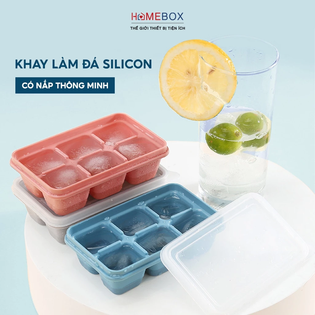 Khay Làm Đá Silicon Có Nắp Đậy Giúp Chống Mùi Tủ Lạnh, Khuôn Làm Đá Thạch An Toàn Sức Khoẻ