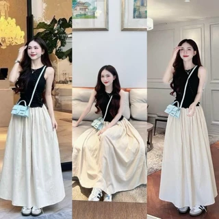 sét áo sát nách đính cườm phối chân váy xòe tuyết mưa tone màu đen-nude  Sam Closet Phù Hợp Để Tới Công Sở, Đi Làm Hoặc