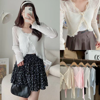 Áo khoác cardigan len mỏng viền ren dệt kim dáng croptop cổ V 1 khuy khoác ngoài siêu hot