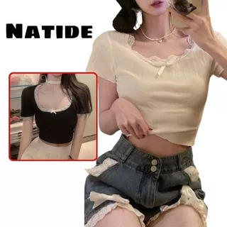 ÁO THUN CROPTOP CỔ TRÒN ĐÍNH NƠ VIỀN REN SIÊU XINH NATIDE_STORE - FG062