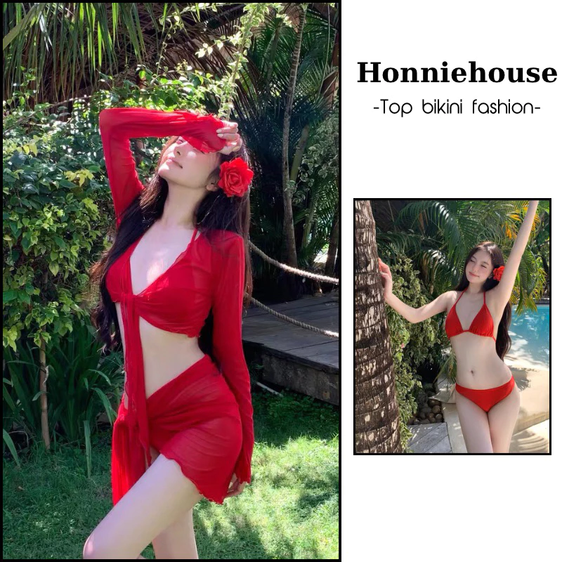 Ship hỏa tốc- set bikini 4 mảnh đỏ kèm hoa cài hàng qc