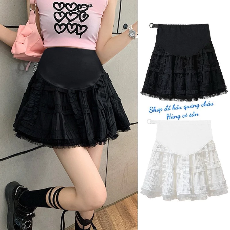 Váy bầu, chân váy bầu ngắn viền ren bánh bèo phong cách hàn quốc siêu xinh