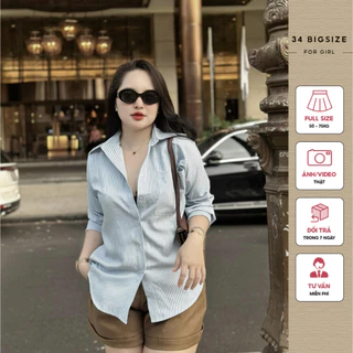 Áo sơ mi sọc 34ASM006 34 Bigsize, áo sơ mi tay dài bigsize cho nữ, áo form rộng phong cách đi học, đi làm