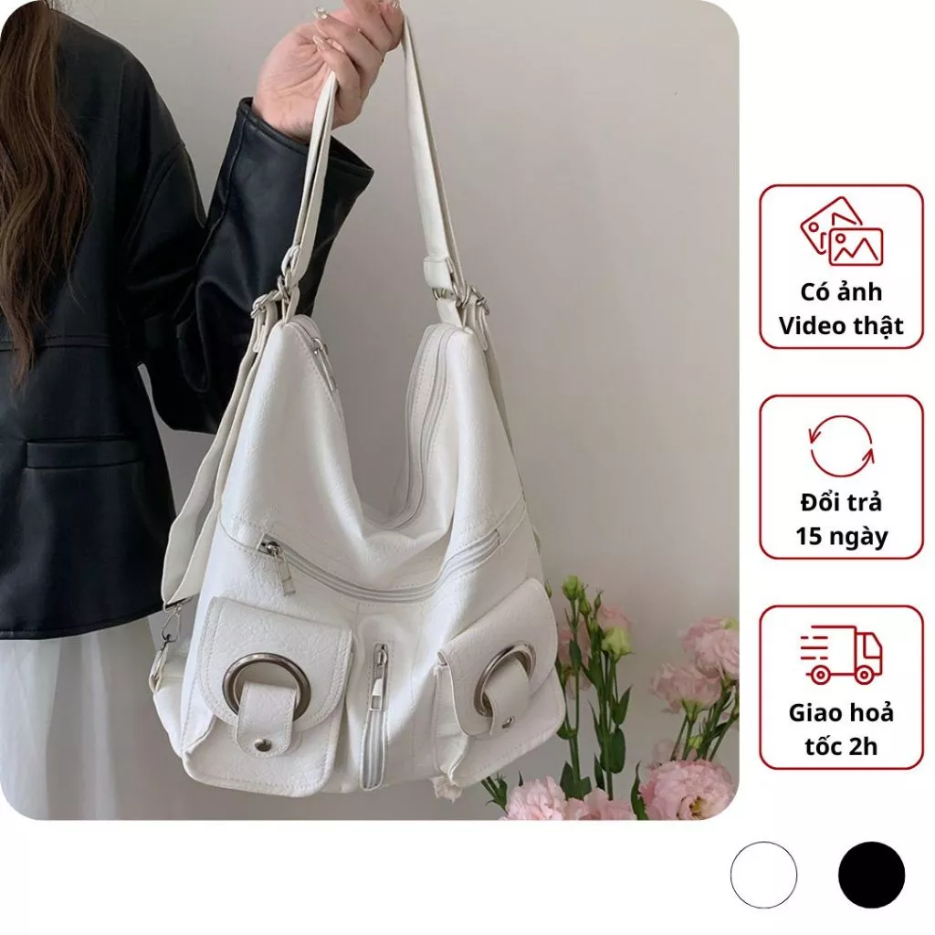 Túi tote đeo vai nữ đi học đi làm Túi da PU có khoá kéo túi hobo cỡ lớn vừa a4 balo bản to Hàn Quốc Miu Store 48