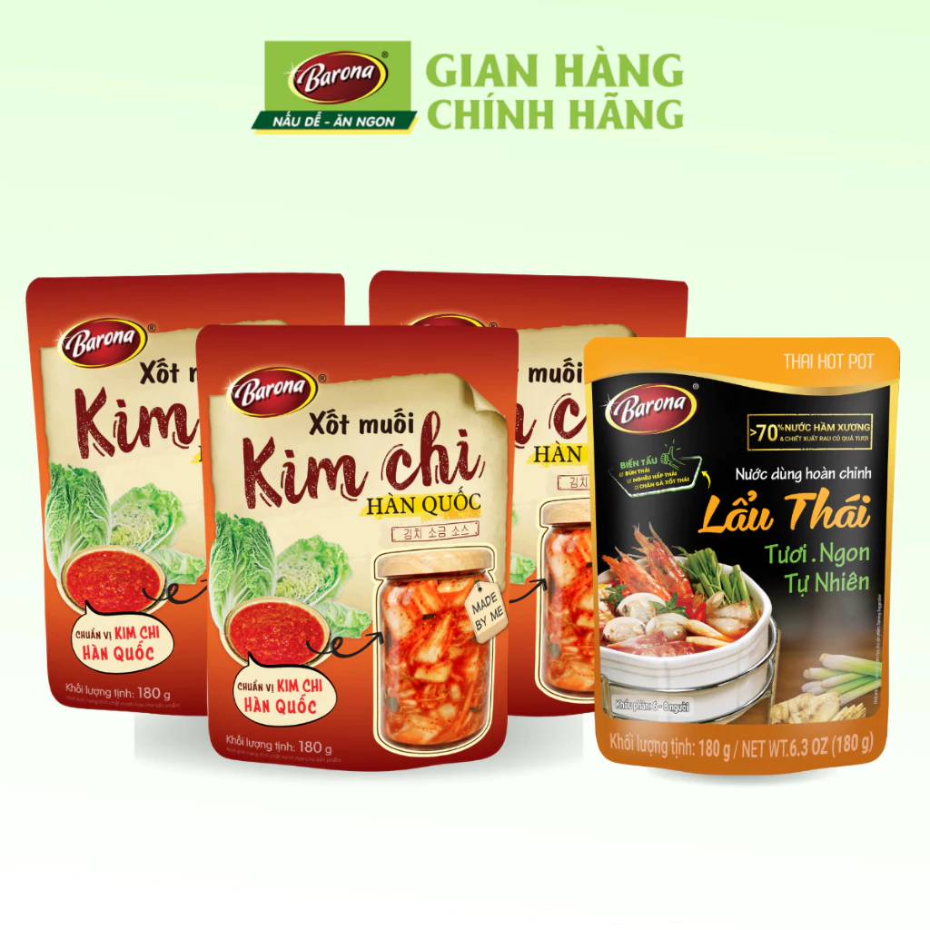 Xốt Muối Kim Chi Hàn Quốc Barona 180g, Combo 3 gói Tặng 1 gói Nước Dùng Lẩu Thái Barona 180g