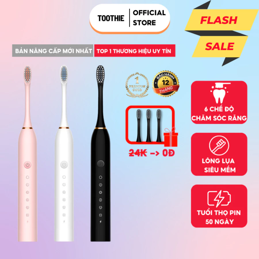 Bàn chải điện đa năng TOOTHIE, máy đánh răng Sonic X-3 sóng âm tặng kèm 4 đầu thay thế BCD01