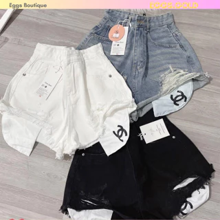 quần short jean nữ thời trangm quần short rách lòi viền túi logo hothit