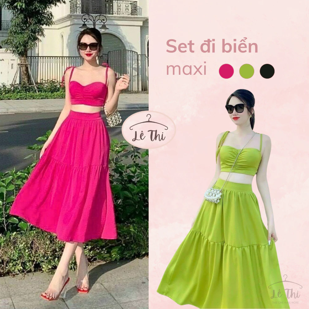 Set đi biển áo croptop 2 dây cúp ngực mix váy maxi xòe rộng siêu xinh, maxi đi biển du lịch sang chảnh|Lê Thi Clothing