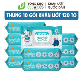 HÀNG CÔNG TY_Thùng 10 gói khăn ướt cho bé cao cấp EcoWipes Happy Kids gói 120 tờ không mùi