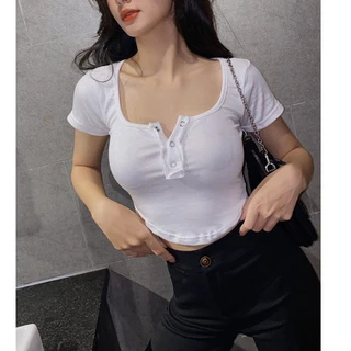 Áo croptop HHVINTAGE kiểu tà bầu, bấm nút