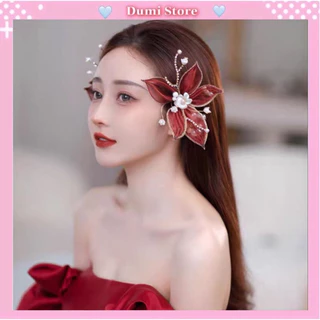 Kẹp tóc hoa đỏ phối Ngọc sang trọng dành cho make up dự tiệc