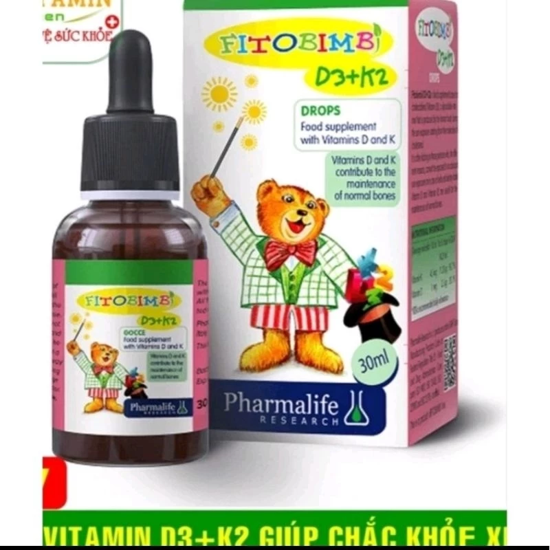 FITOBIMBI D3+K2 bổ sung vitamin D3 và vitamin K2 .giúp hỗ trợ hấp thu canxi cho cơ thể,hỗ trợ xương,răng,còi xương ở trẻ