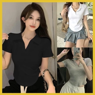 Áo Polo Croptop Vạt Bầu, Áo Cổ Đức Chất Thun Tăm