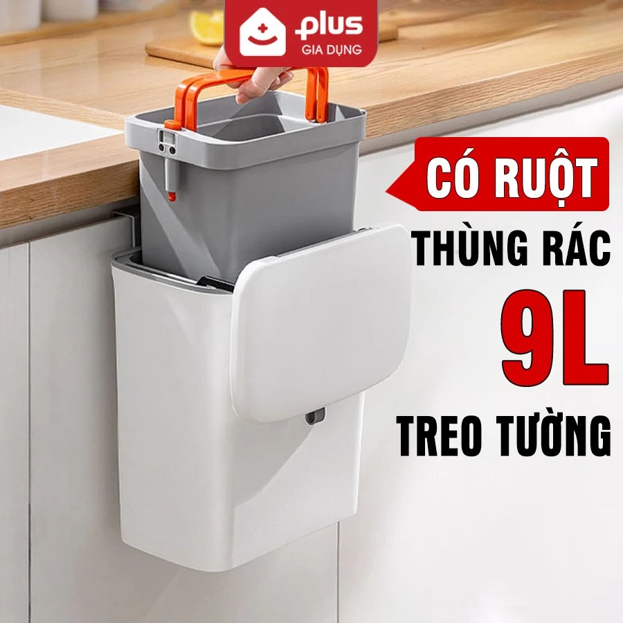 Thùng rác treo tủ bếp 9L, thùng rác nắp lật nắp đậy thông minh đậy kín bằng nhựa PP cao cấp (có ruột & quai xách) Lazydo