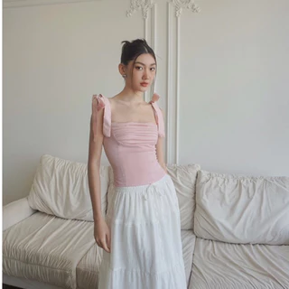 RÊVER Áo hai dây croptop nữ cột dây nhún ngực dễ thương Peony Top trễ vai tay phồng