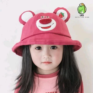 Mũ bucket GẤU VÀ DÂU LOTSO cho bé gái (6-10 tuổi) (vòng đầu 56 cm), nón tai bèo che nắng dễ thương