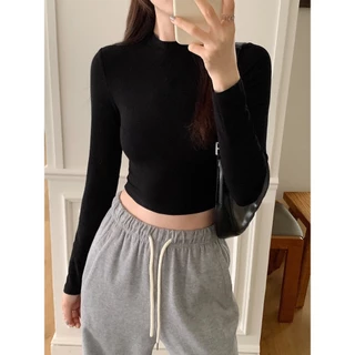 Áo croptop nữ dài tay cổ hình tròn vải thun coton giãn kiểu basic dáng ôm body