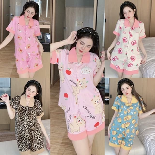 Bộ Mặc Nhà pizama, Bộ Cộc sen, Lụa Mango, mềm mát freesize 40-60kg - Chun's Sleepwear